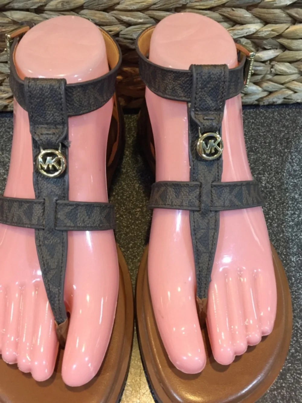 MICHAEL Michael Kors Brown Monogram T-Strap Brown Sandals